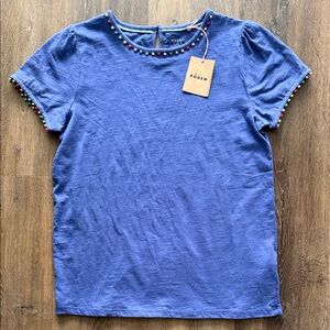 Mini Boden Blue Tee with Colorful Pom Pom Trim NEW 13-14 Years